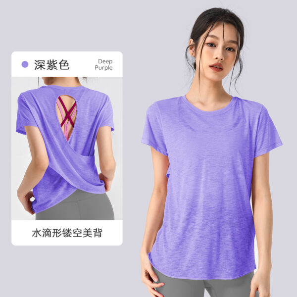 Slubby yarn summer breathable yoga blouse hollow back sports coat yoga clothes women's round neck fitness short sleeve summer - Image 5
