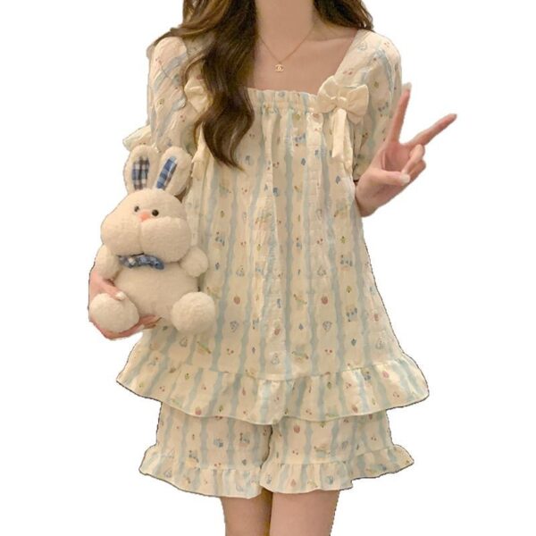 Cloud cotton pajamas female summer with chest pad short-sleeved shorts Korean version of sweet princess wind home service suit can be worn outside. - Image 5