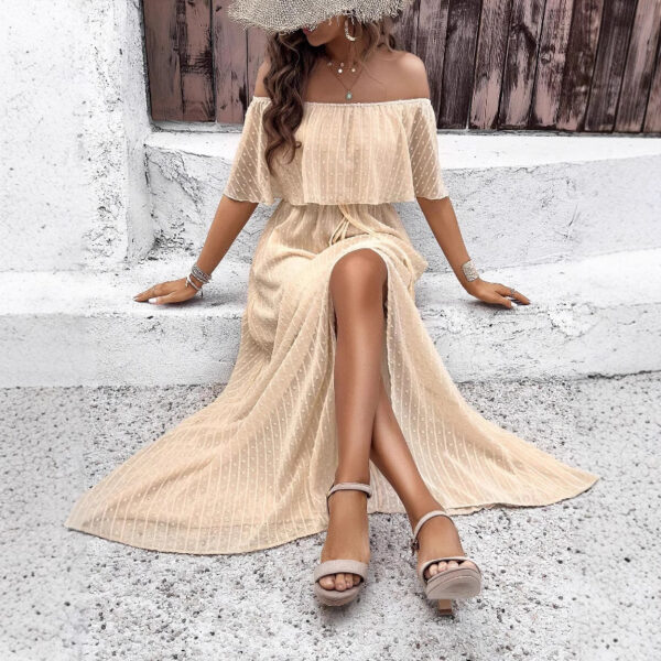Spring and summer Bohemian sexy one-word collar solid color short-sleeved dress women's dress - Image 5