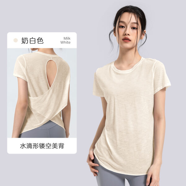 Slubby yarn summer breathable yoga blouse hollow back sports coat yoga clothes women's round neck fitness short sleeve summer - Image 3