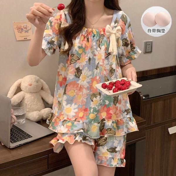 Cloud cotton pajamas female summer with chest pad short-sleeved shorts Korean version of sweet princess wind home service suit can be worn outside. - Image 4