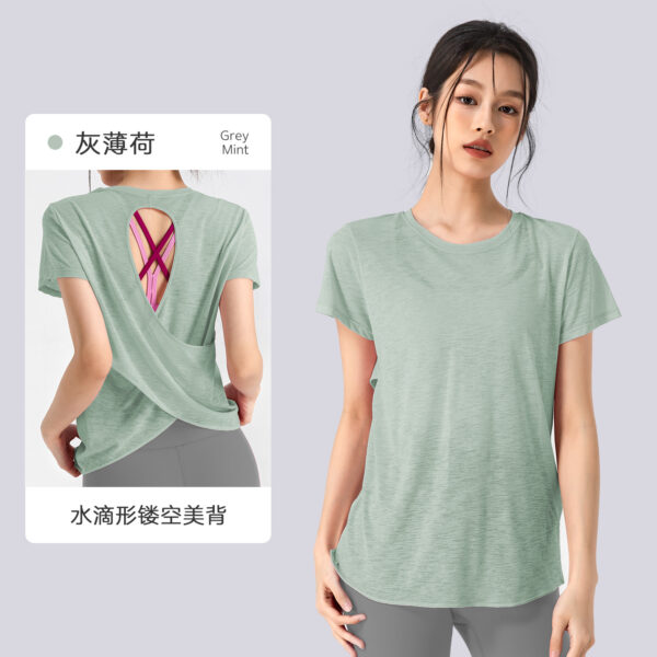 Slubby yarn summer breathable yoga blouse hollow back sports coat yoga clothes women's round neck fitness short sleeve summer - Image 4