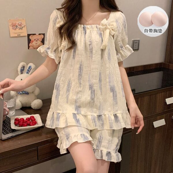 Cloud cotton pajamas female summer with chest pad short-sleeved shorts Korean version of sweet princess wind home service suit can be worn outside. - Image 3