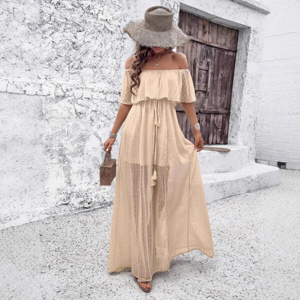 Spring and summer Bohemian sexy one-word collar solid color short-sleeved dress women's dress - Image 3