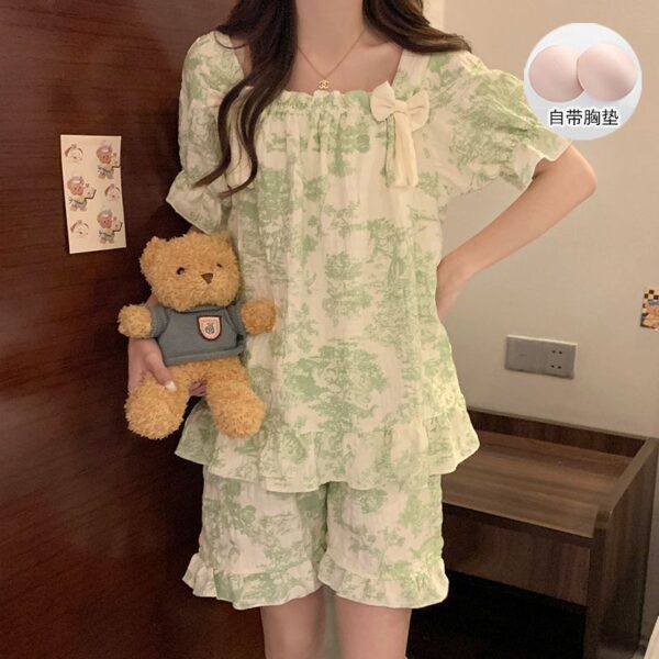 Cloud cotton pajamas female summer with chest pad short-sleeved shorts Korean version of sweet princess wind home service suit can be worn outside. - Image 2