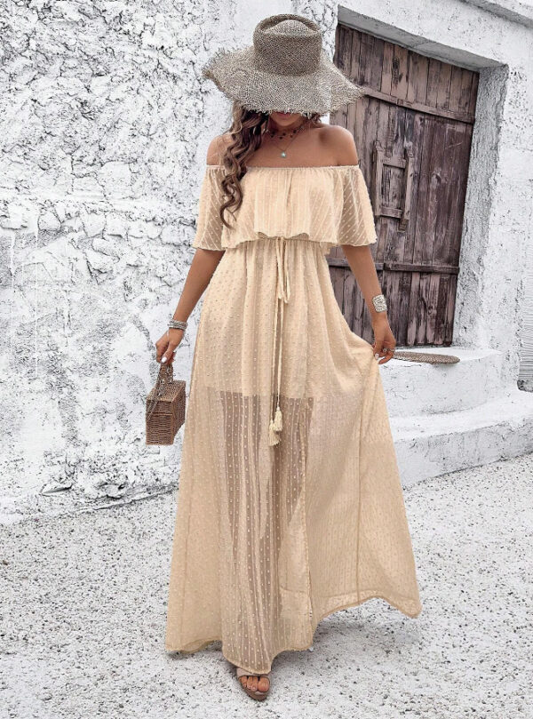 Spring and summer Bohemian sexy one-word collar solid color short-sleeved dress women's dress - Image 2