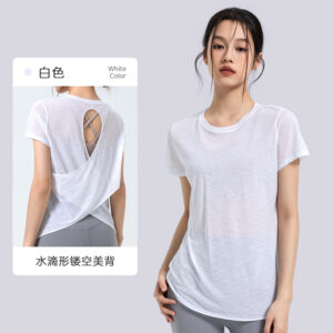 Slubby yarn summer breathable yoga blouse hollow back sports coat yoga clothes women's round neck fitness short sleeve summer