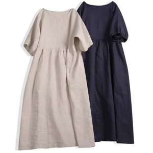 Cotton and linen dress for women in summer, loose plus size, high waist, casual short sleeves and mid-length skirt