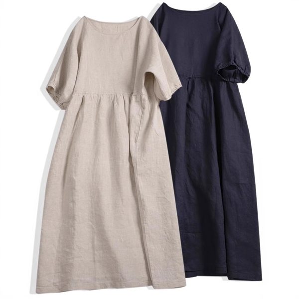 Cotton and linen dress for women in summer, loose plus size, high waist, casual short sleeves and mid-length skirt